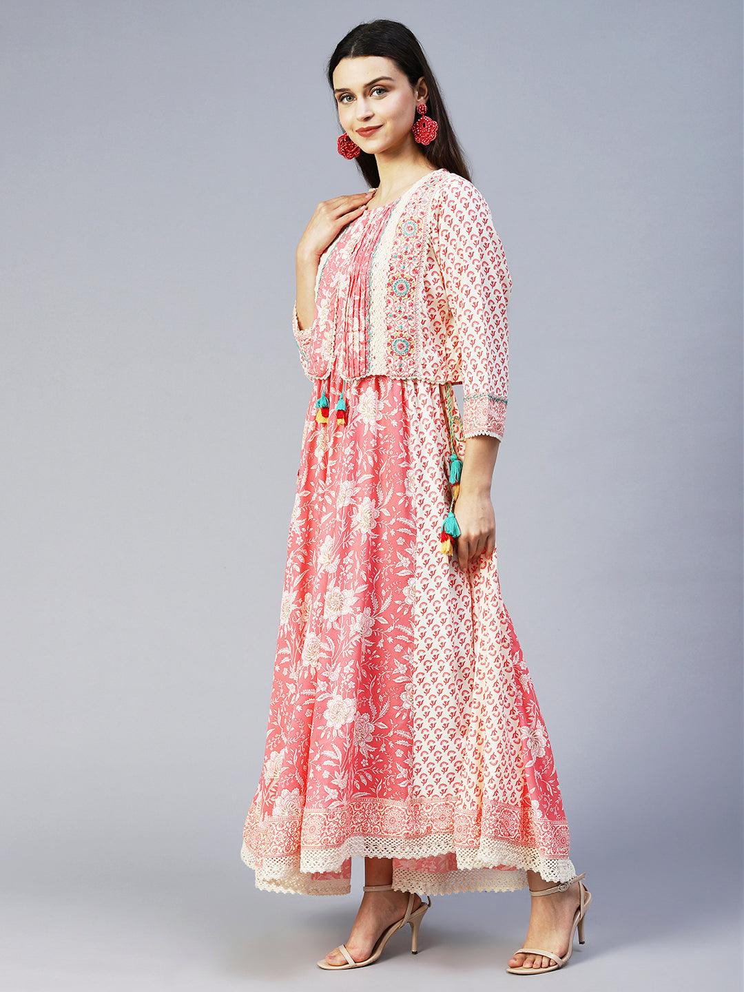 Floral Printed Flared Maxi Dress with Embroidered Jacket - Peach - Indiakreations