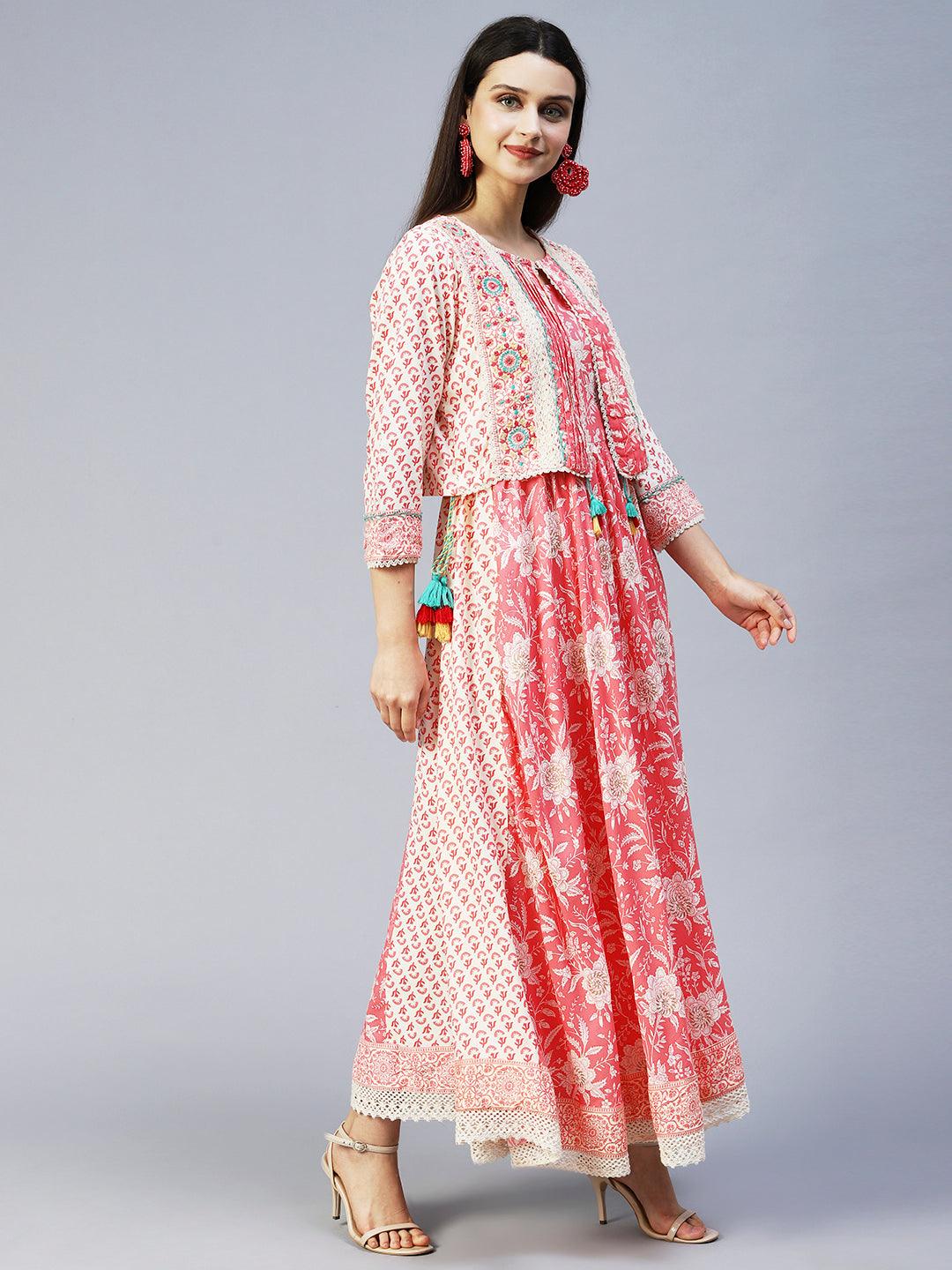 Floral Printed Flared Maxi Dress with Embroidered Jacket - Peach - Indiakreations