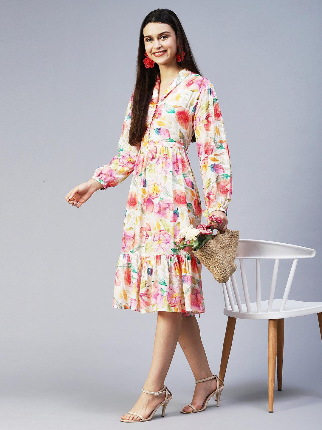 Floral Printed A-Line Midi Dress - Multi - Indiakreations