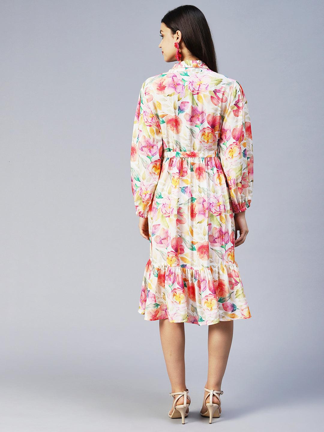 Floral Printed A-Line Midi Dress - Multi - Indiakreations