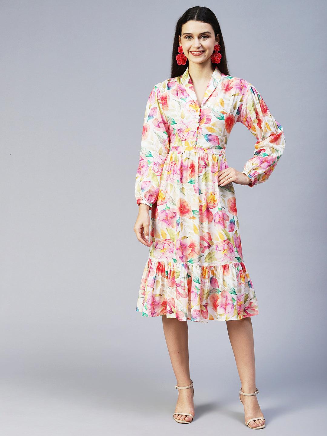 Floral Printed A-Line Midi Dress - Multi - Indiakreations