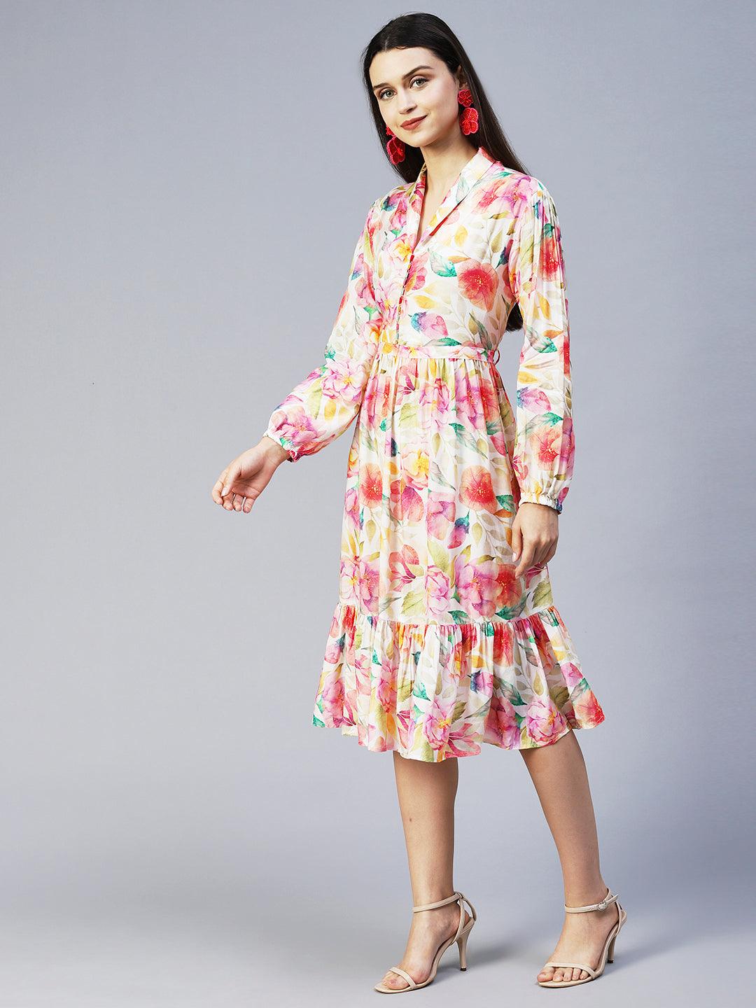 Floral Printed A-Line Midi Dress - Multi - Indiakreations