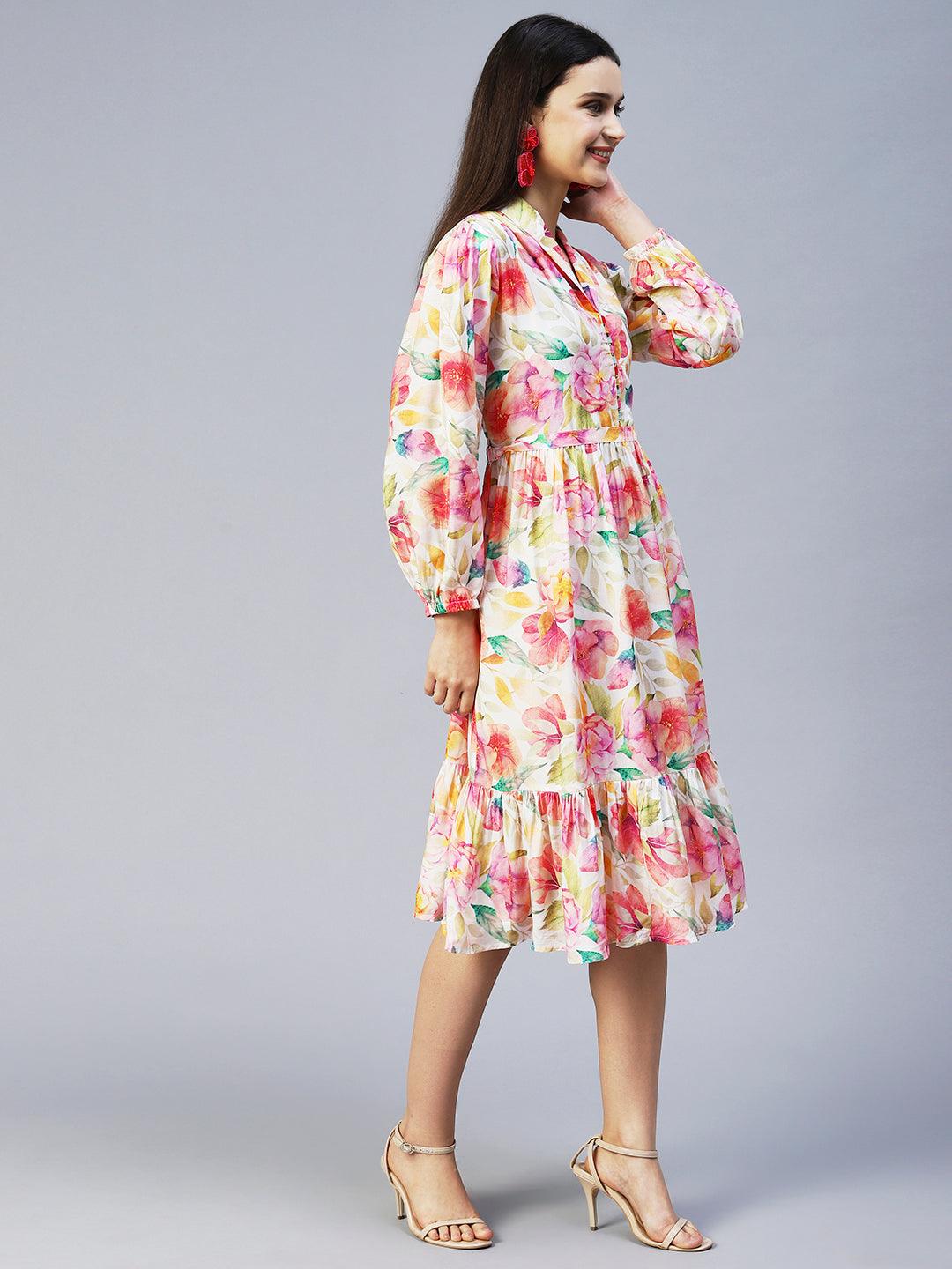 Floral Printed A-Line Midi Dress - Multi - Indiakreations