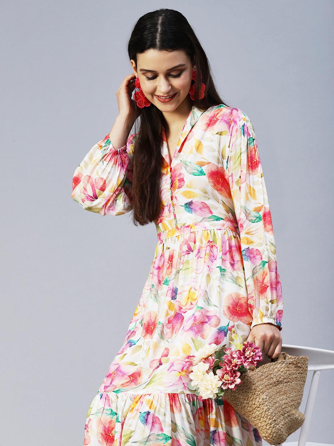 Floral Printed A-Line Midi Dress - Multi - Indiakreations