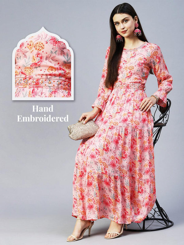 Floral Printed & Hand Embroidered Tiered Flared Maxi Dress - Pink - Indiakreations