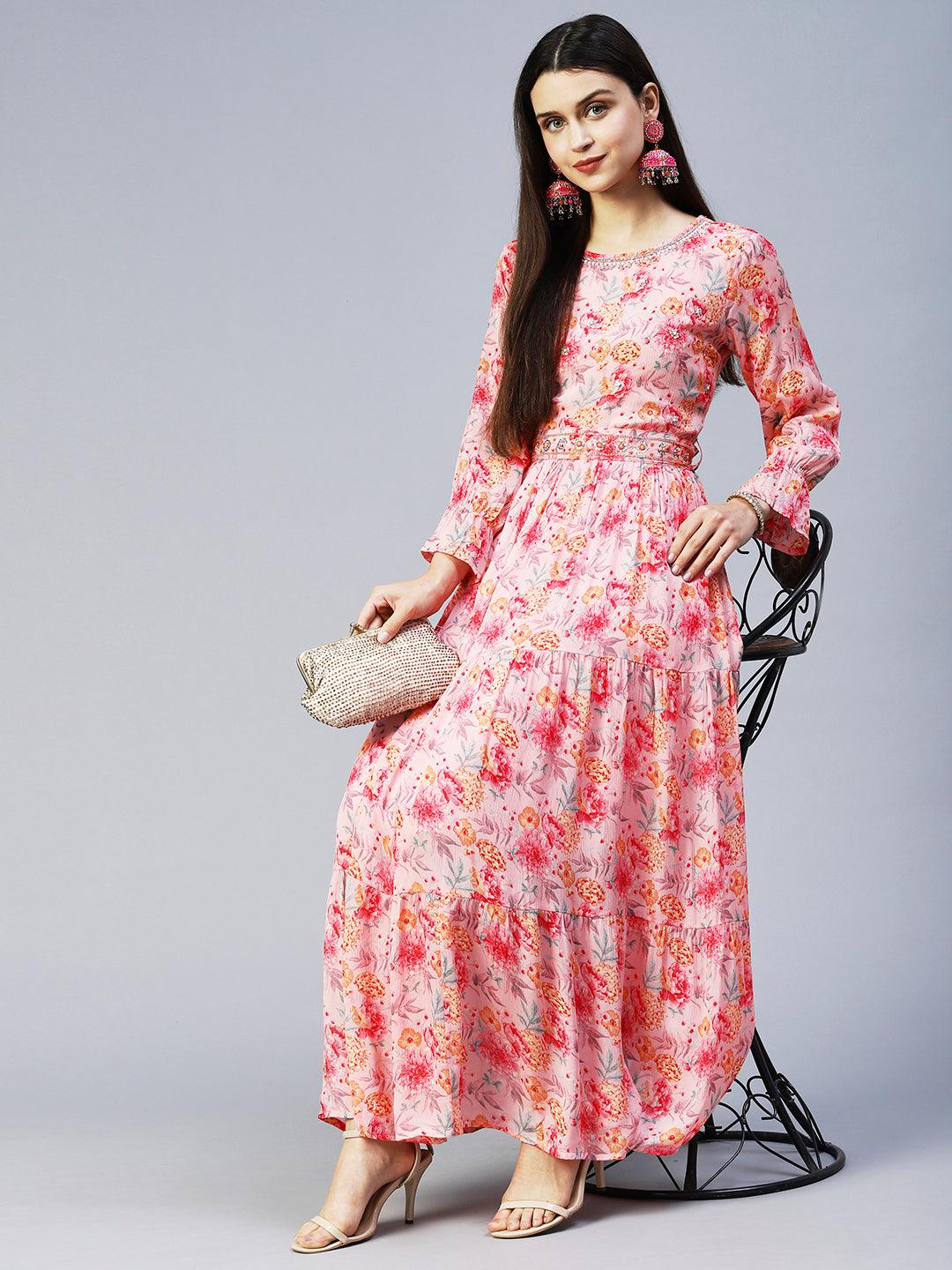 Floral Printed & Hand Embroidered Tiered Flared Maxi Dress - Pink - Indiakreations