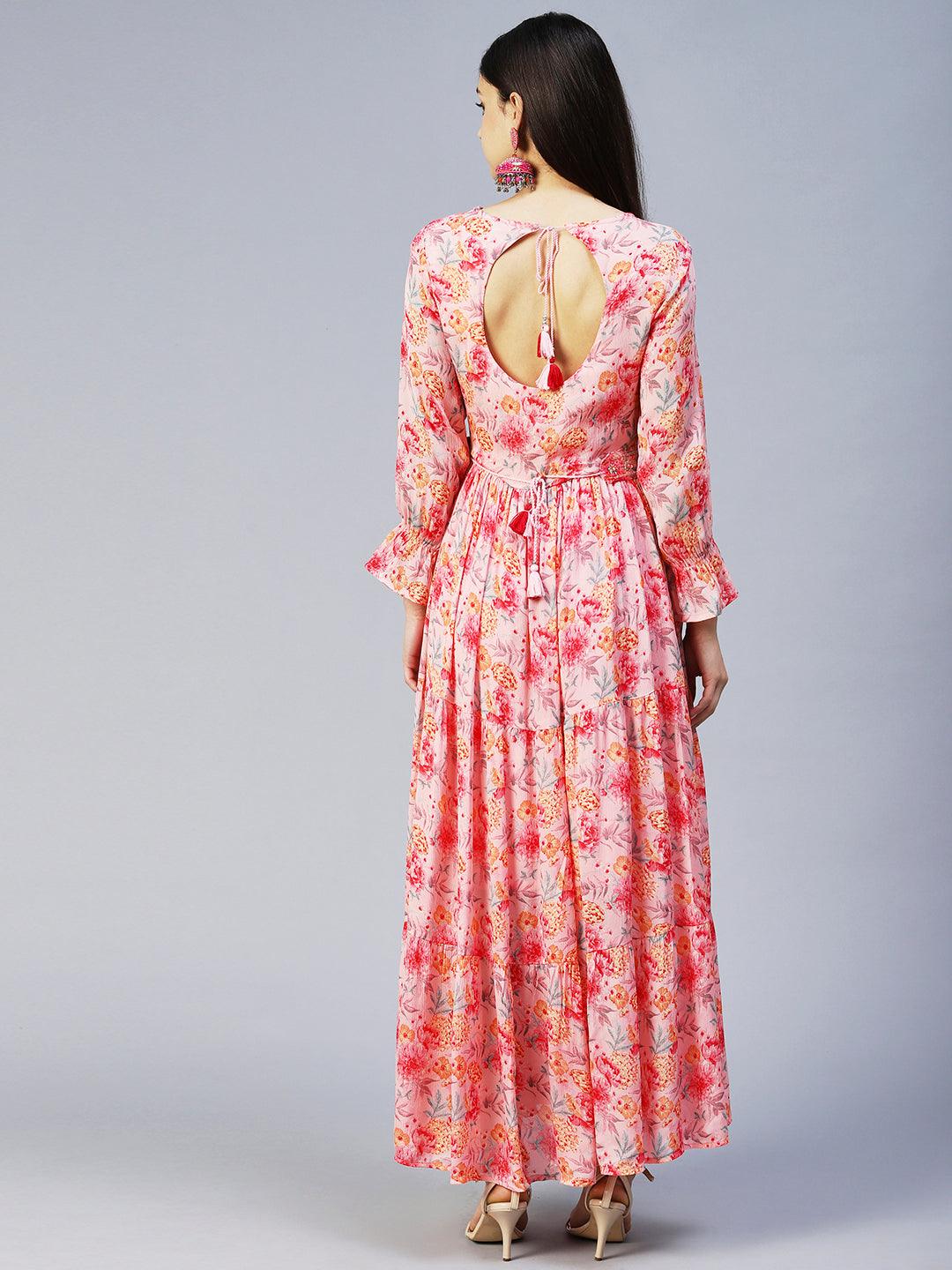 Floral Printed & Hand Embroidered Tiered Flared Maxi Dress - Pink - Indiakreations