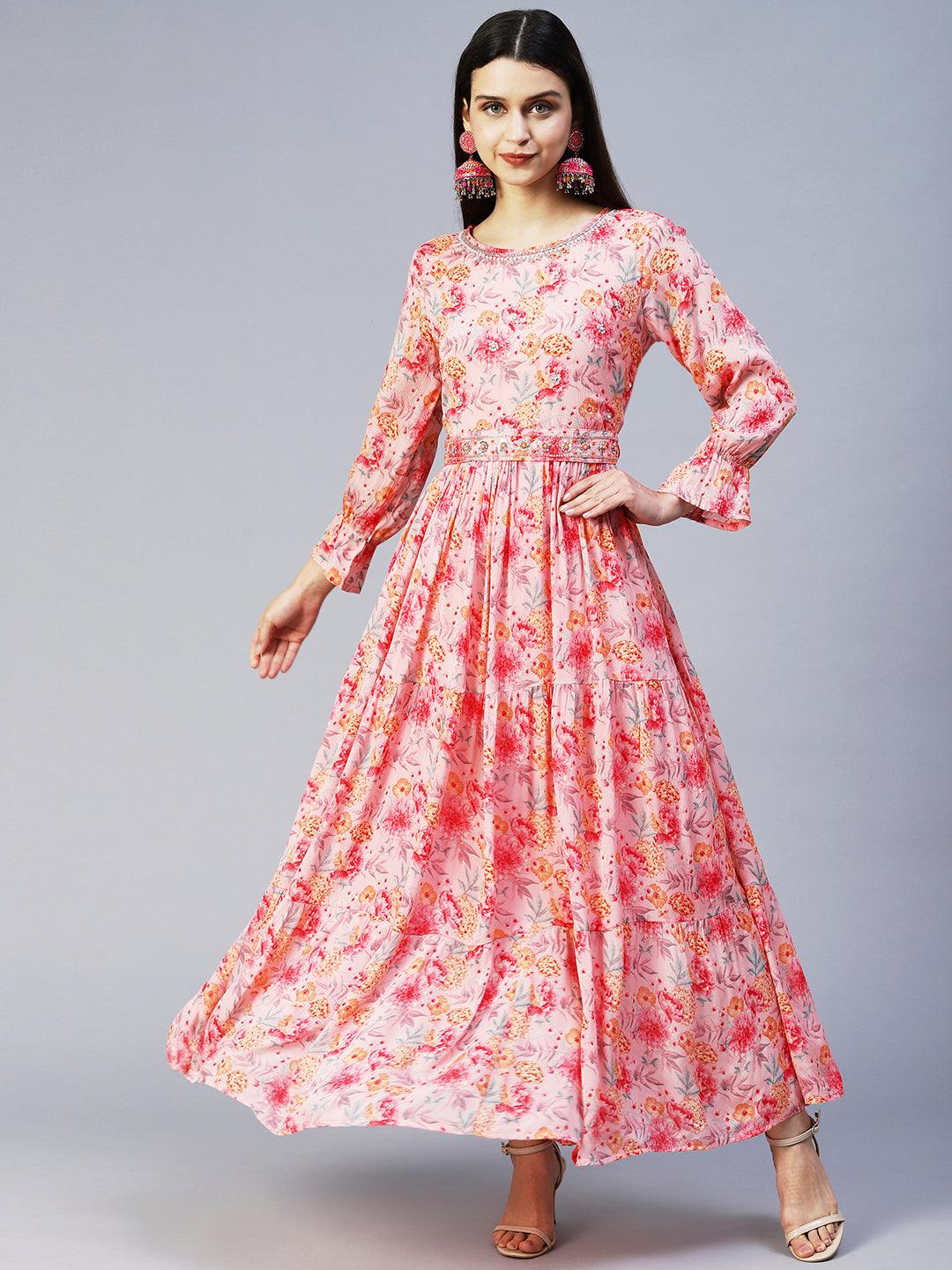 Floral Printed & Hand Embroidered Tiered Flared Maxi Dress - Pink - Indiakreations