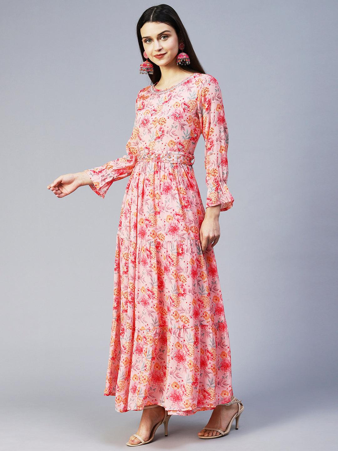 Floral Printed & Hand Embroidered Tiered Flared Maxi Dress - Pink - Indiakreations