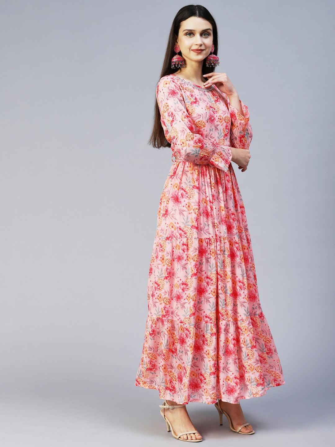 Floral Printed & Hand Embroidered Tiered Flared Maxi Dress - Pink - Indiakreations