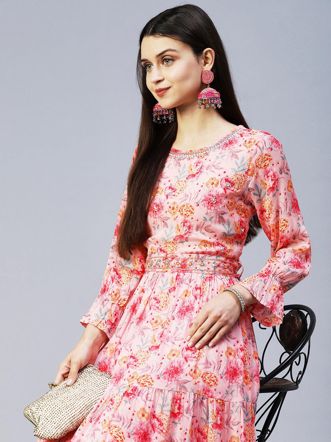 Floral Printed & Hand Embroidered Tiered Flared Maxi Dress - Pink - Indiakreations