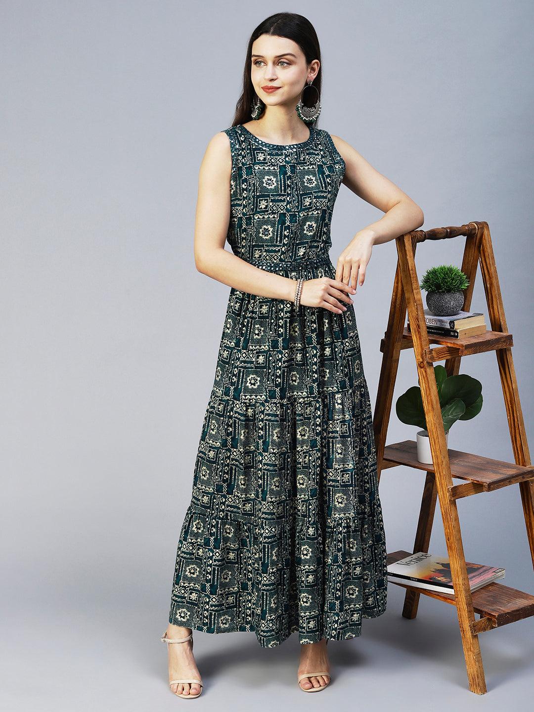 Ethnic Printed & Embroidered Tiered Flared Maxi Dress - Teal Blue - Indiakreations