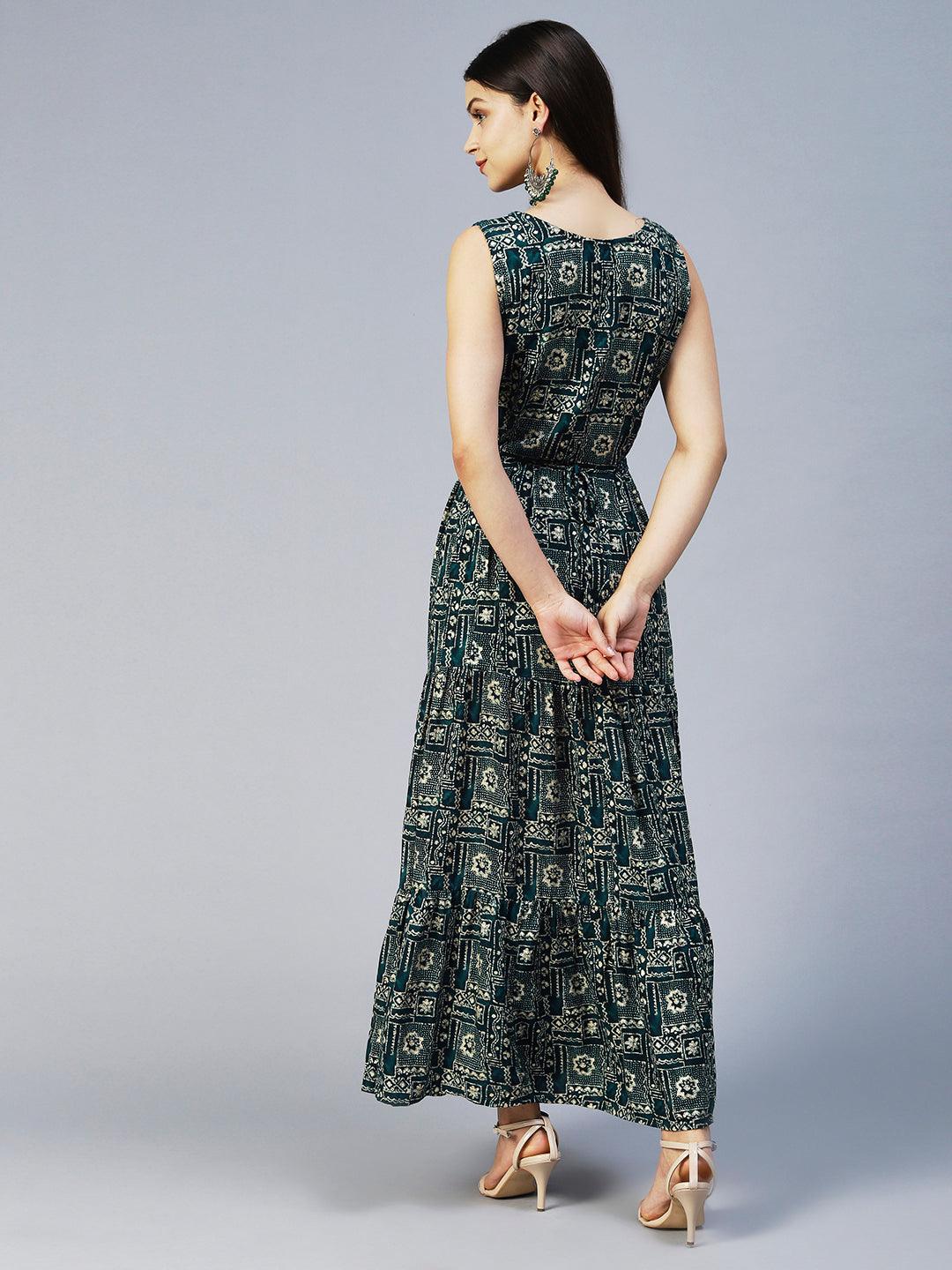 Ethnic Printed & Embroidered Tiered Flared Maxi Dress - Teal Blue - Indiakreations