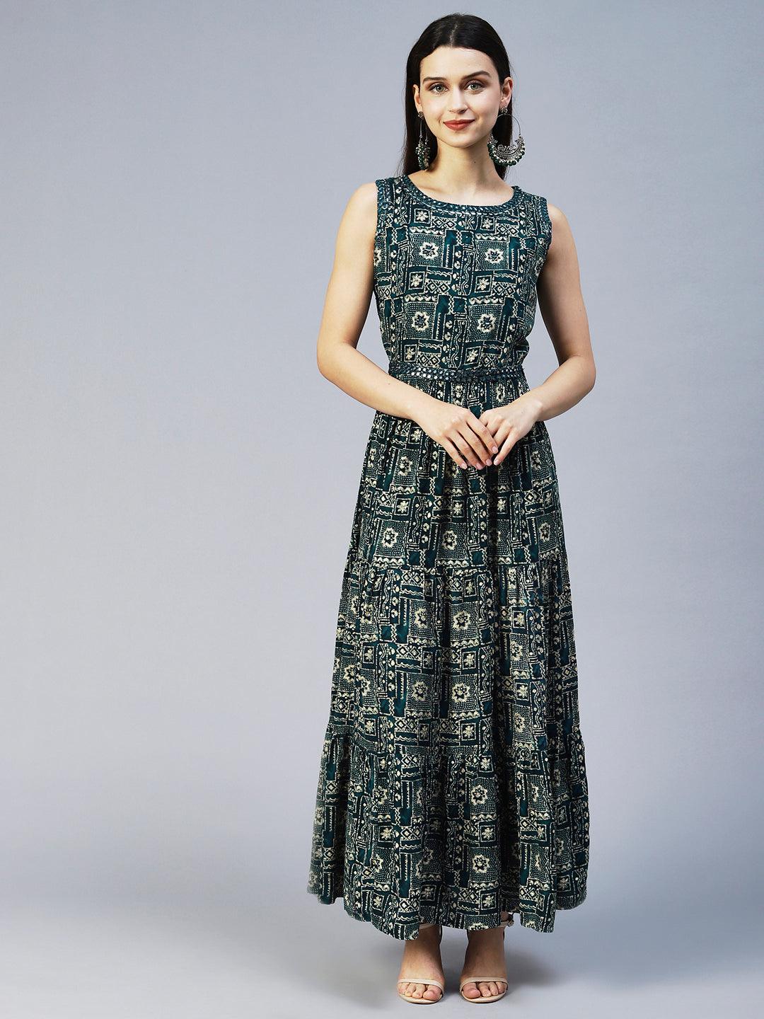 Ethnic Printed & Embroidered Tiered Flared Maxi Dress - Teal Blue - Indiakreations