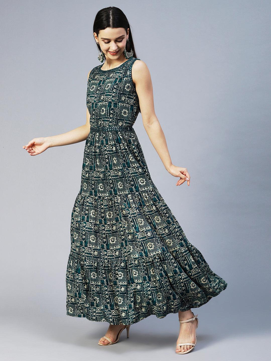 Ethnic Printed & Embroidered Tiered Flared Maxi Dress - Teal Blue - Indiakreations