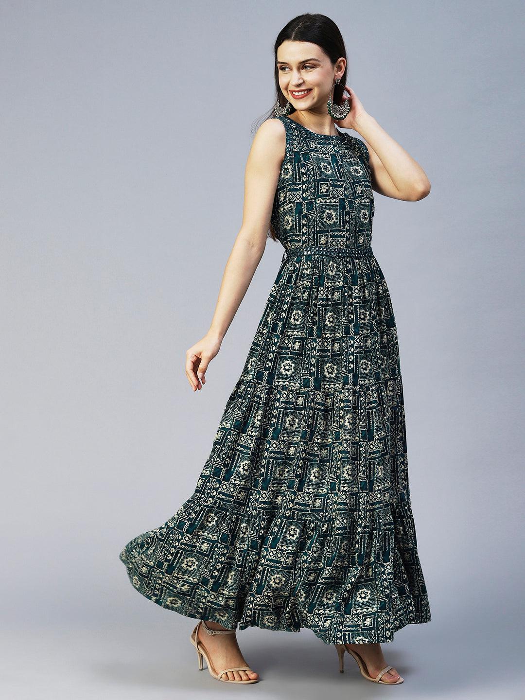 Ethnic Printed & Embroidered Tiered Flared Maxi Dress - Teal Blue - Indiakreations