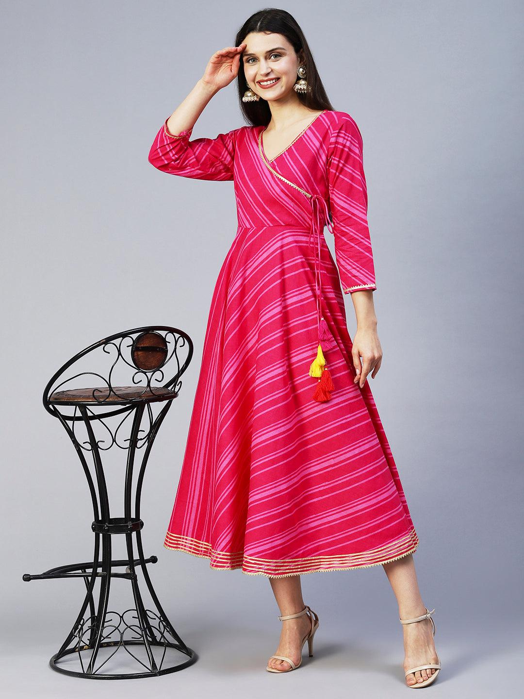 Lehriya Printed Angarakha Style Dress - Magenta - Indiakreations