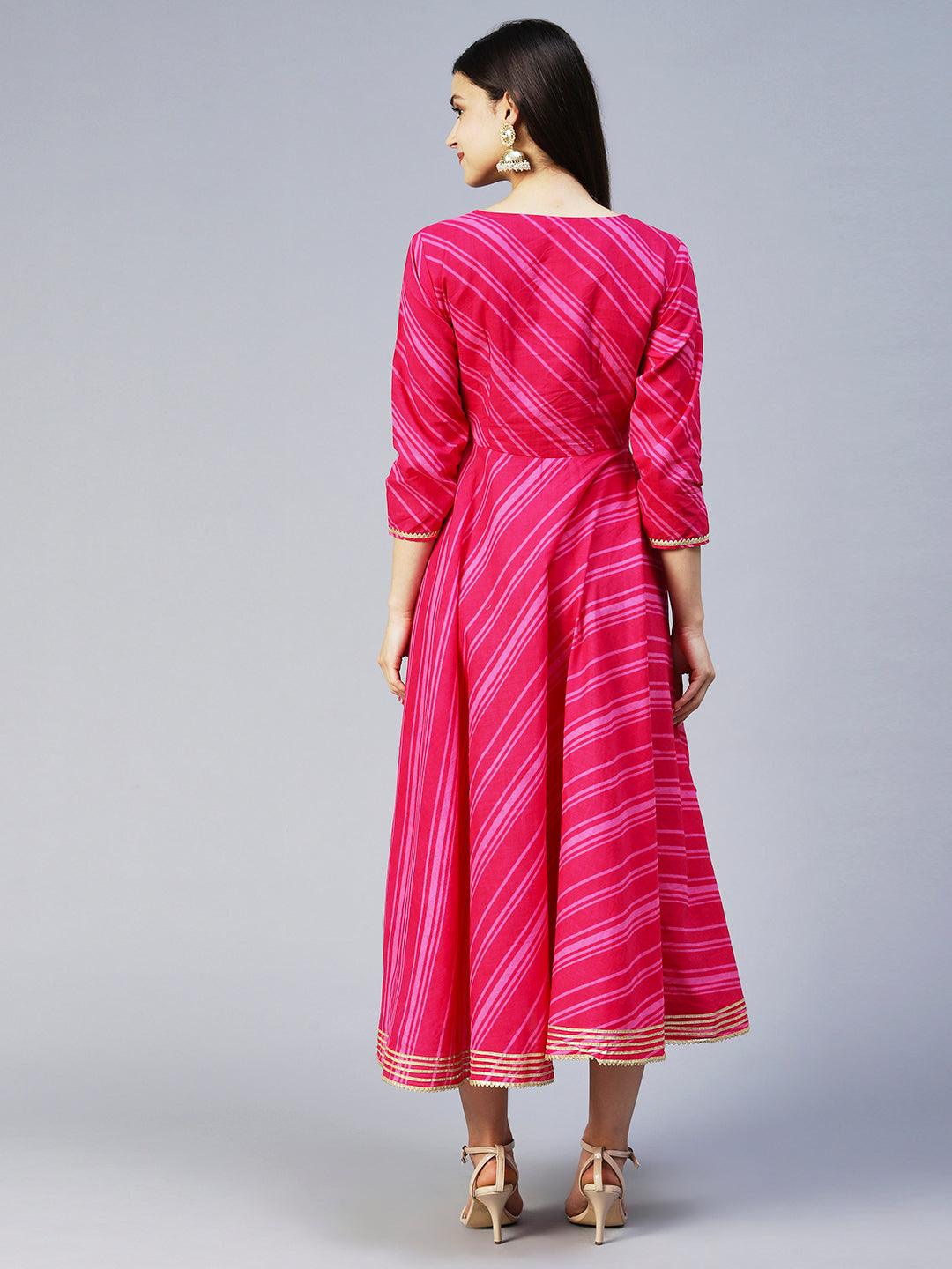 Lehriya Printed Angarakha Style Dress - Magenta - Indiakreations