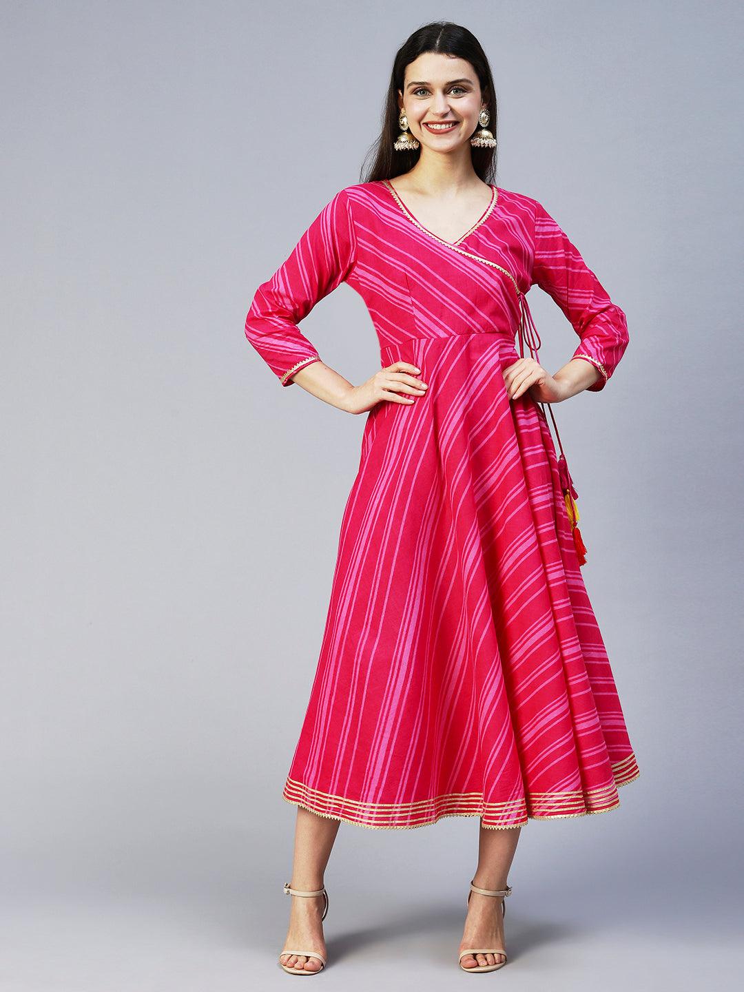 Lehriya Printed Angarakha Style Dress - Magenta - Indiakreations