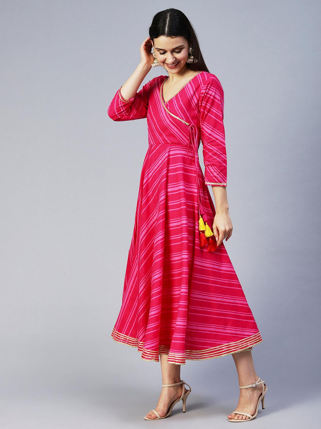 Lehriya Printed Angarakha Style Dress - Magenta - Indiakreations