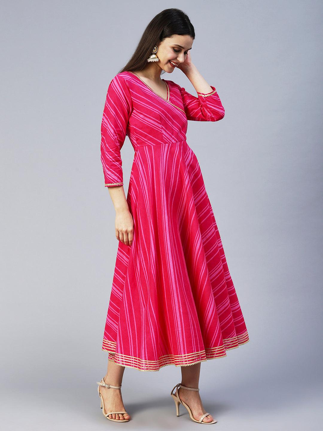 Lehriya Printed Angarakha Style Dress - Magenta - Indiakreations