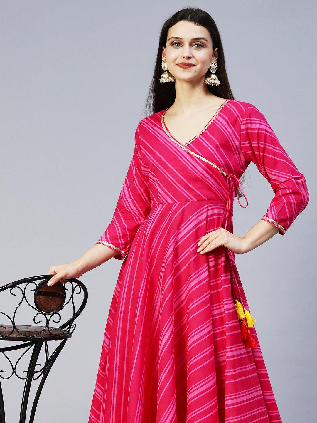 Lehriya Printed Angarakha Style Dress - Magenta - Indiakreations