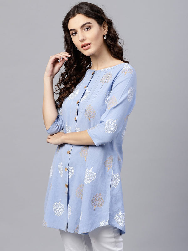 Round neck Light Blue printed tunic with front placket and 3/4 sleeves | NOZ2TOZ - Made In INDIA.