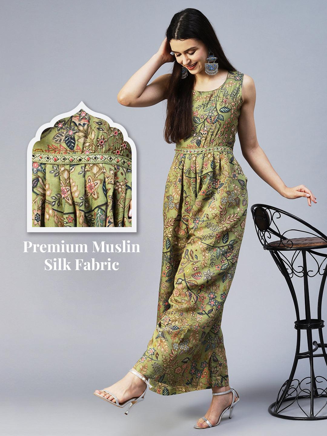 Floral Printed & Hand Embroidered Straight Fit Jumpsuit - Light Green - Indiakreations