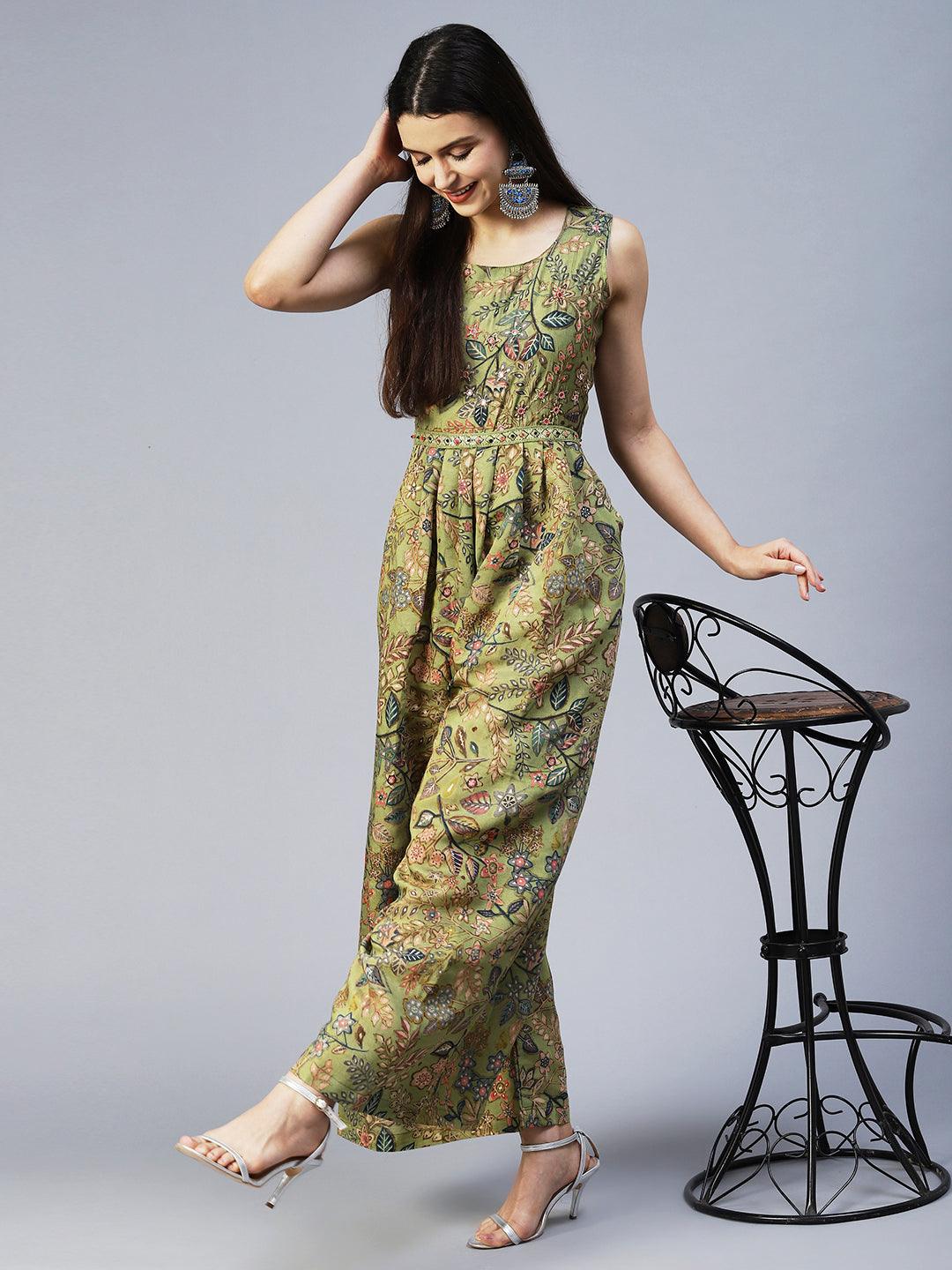 Floral Printed & Hand Embroidered Straight Fit Jumpsuit - Light Green - Indiakreations