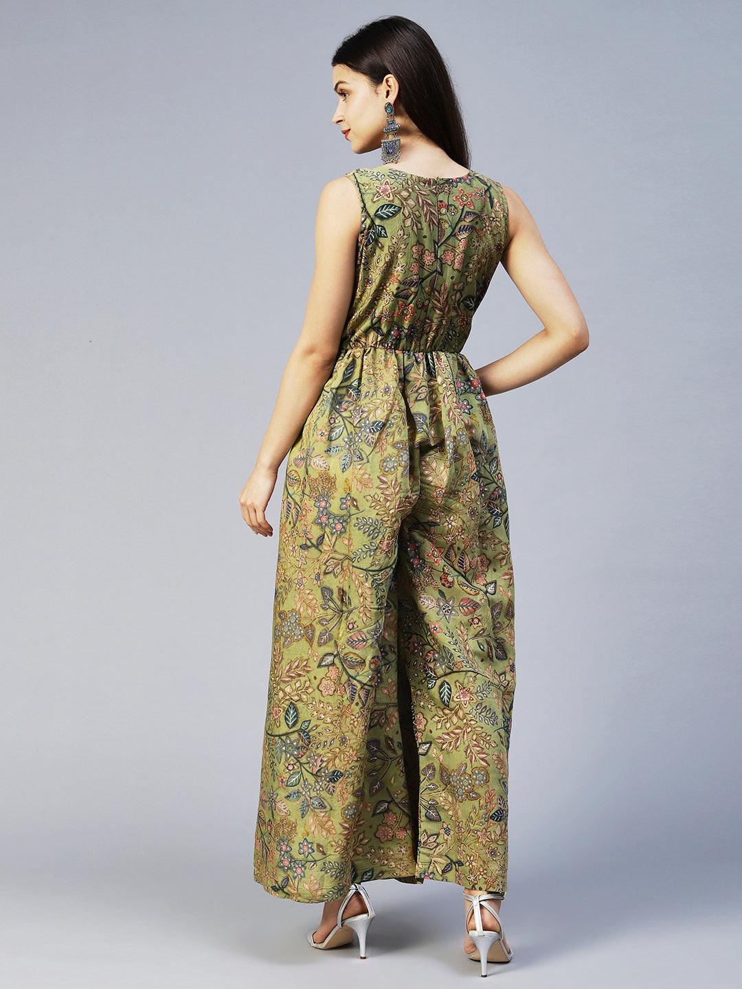 Floral Printed & Hand Embroidered Straight Fit Jumpsuit - Light Green - Indiakreations