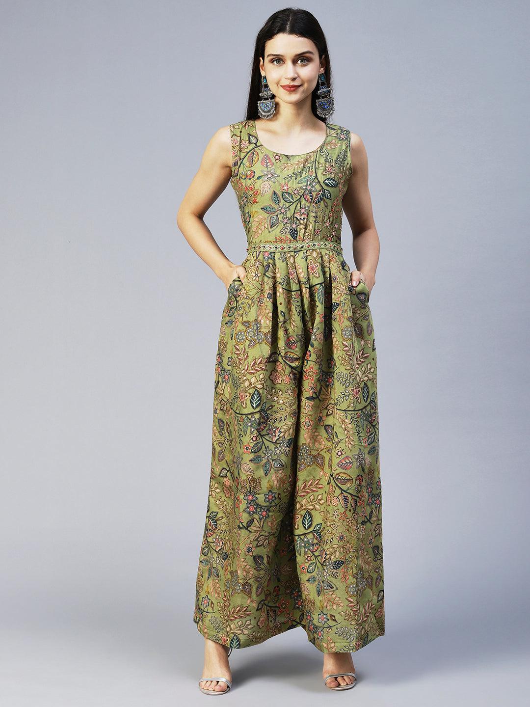 Floral Printed & Hand Embroidered Straight Fit Jumpsuit - Light Green - Indiakreations