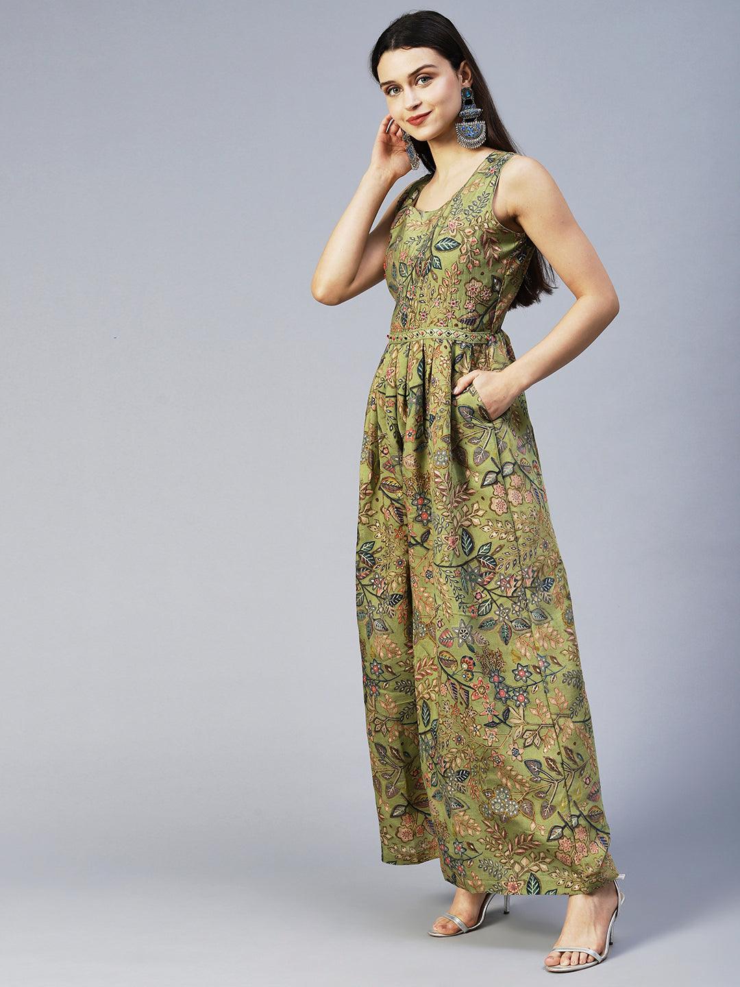 Floral Printed & Hand Embroidered Straight Fit Jumpsuit - Light Green - Indiakreations