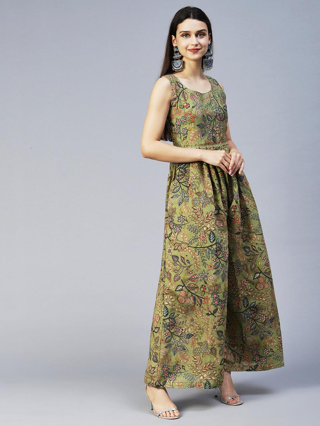 Floral Printed & Hand Embroidered Straight Fit Jumpsuit - Light Green - Indiakreations