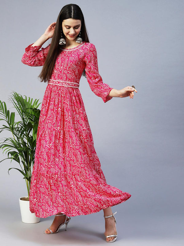 Floral Printed & Hand Embroidered Tiered Flared Maxi Dress - Magenta Pink - Indiakreations