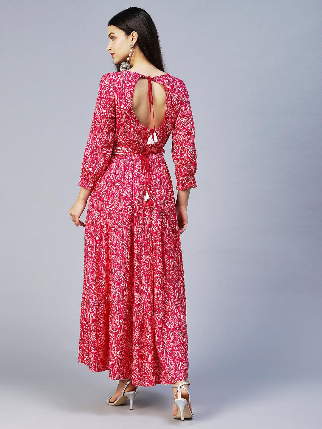 Floral Printed & Hand Embroidered Tiered Flared Maxi Dress - Magenta Pink - Indiakreations