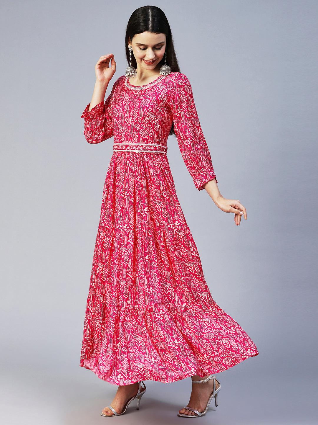 Floral Printed & Hand Embroidered Tiered Flared Maxi Dress - Magenta Pink - Indiakreations