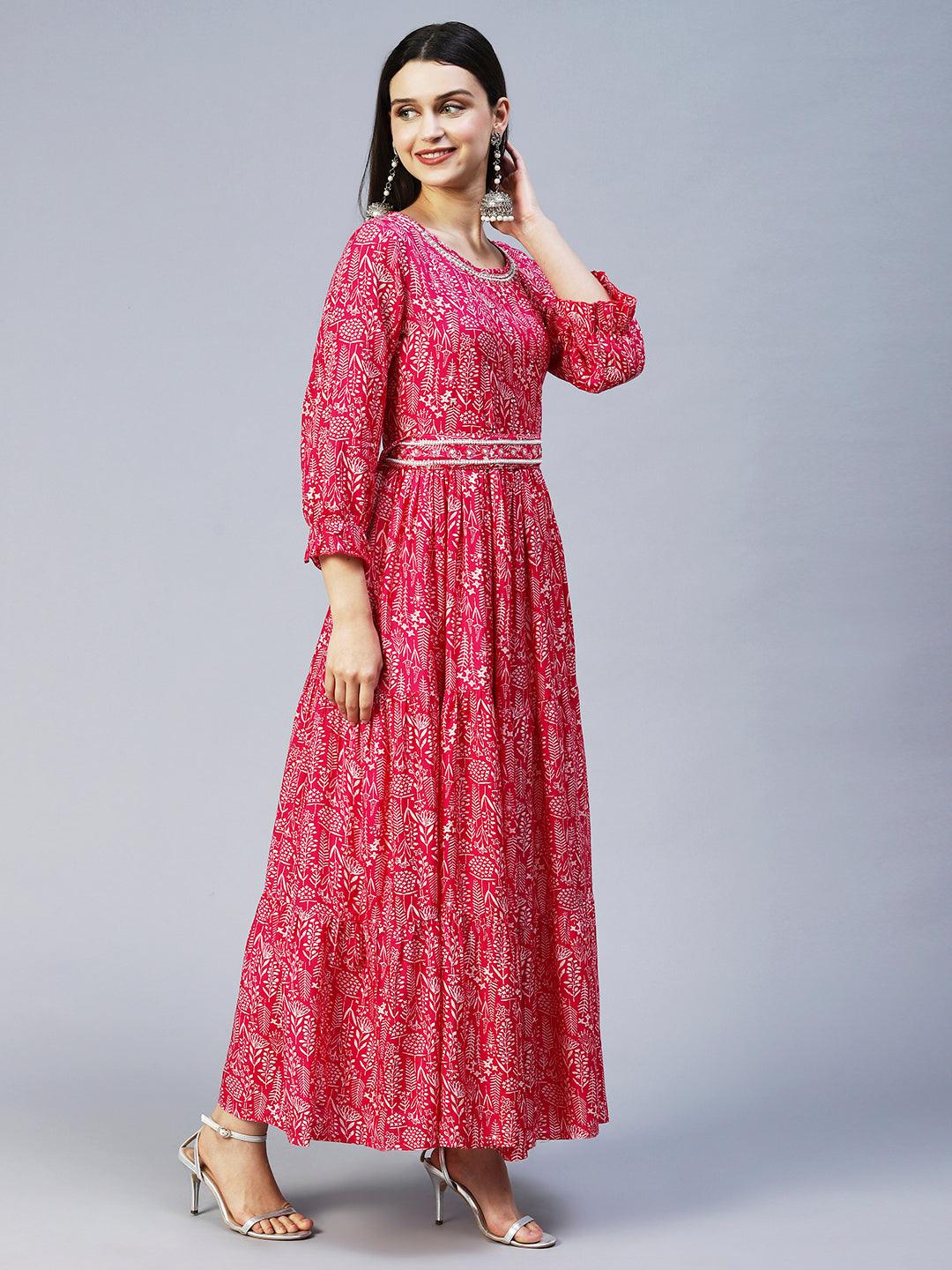 Floral Printed & Hand Embroidered Tiered Flared Maxi Dress - Magenta Pink - Indiakreations