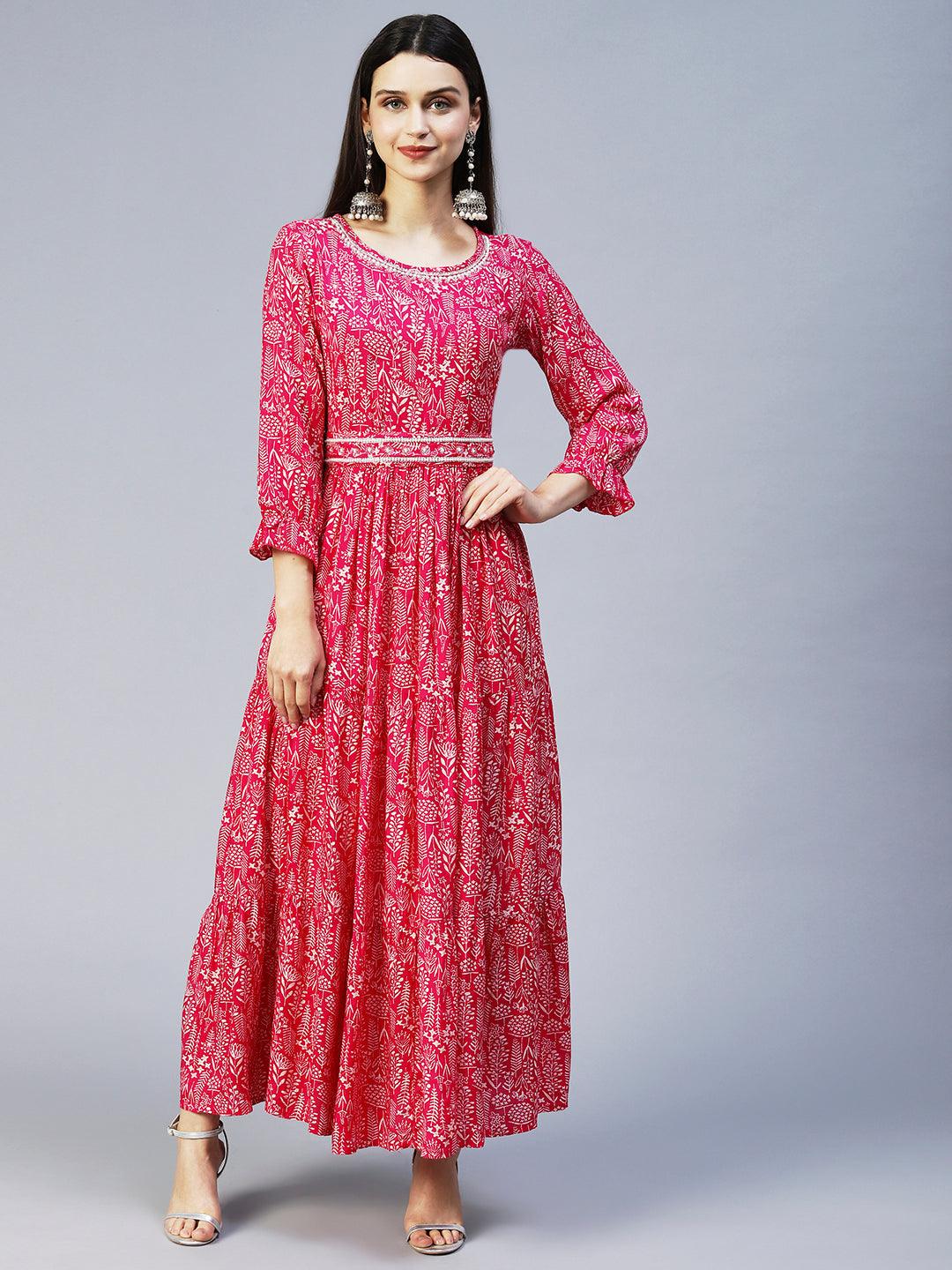 Floral Printed & Hand Embroidered Tiered Flared Maxi Dress - Magenta Pink - Indiakreations