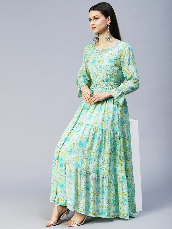 Floral Printed & Hand Embroidered Tiered Flared Maxi Dress - Mint Green - Indiakreations