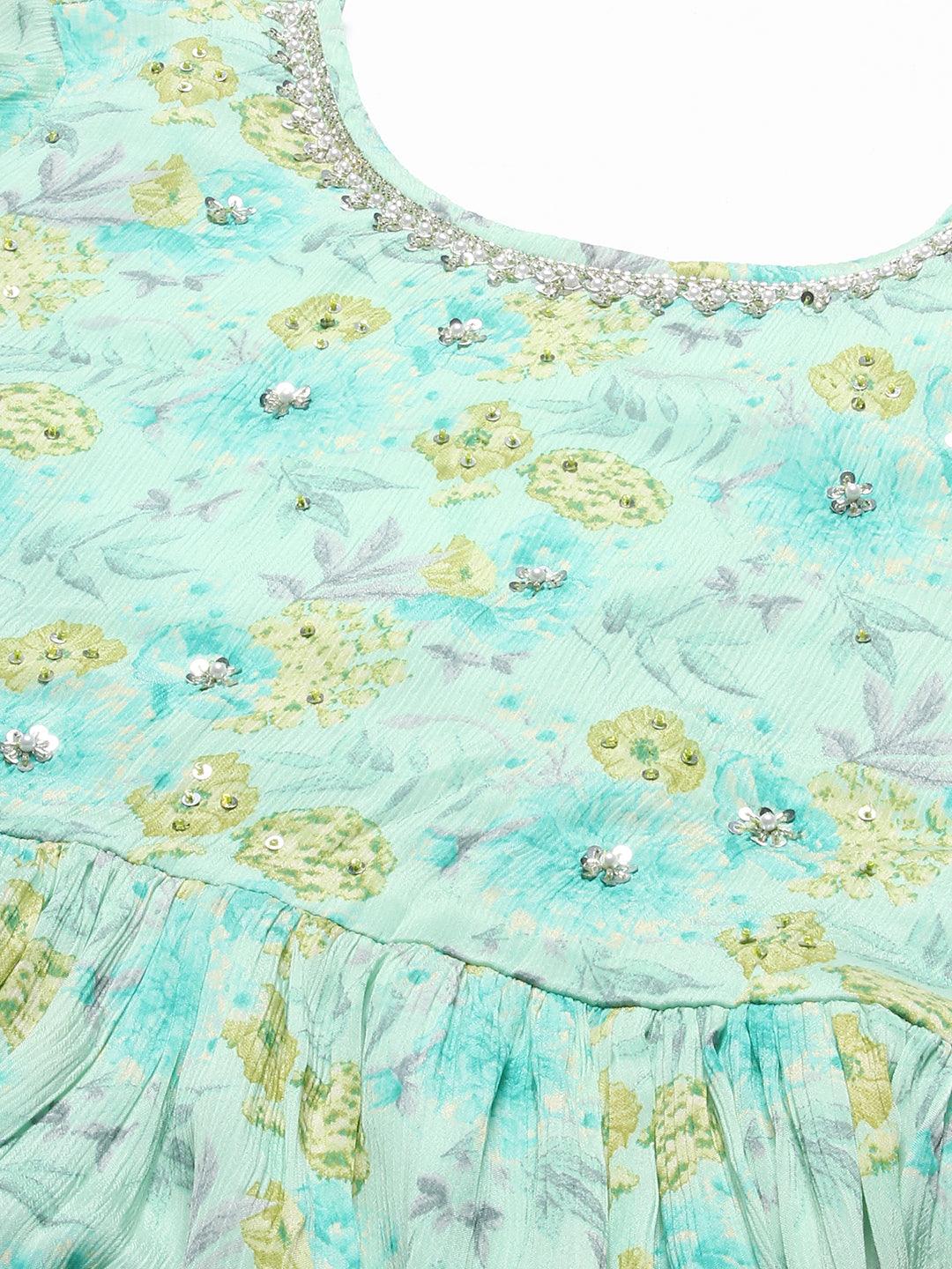 Floral Printed & Hand Embroidered Tiered Flared Maxi Dress - Mint Green - Indiakreations