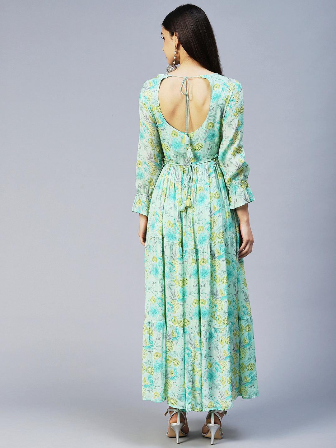 Floral Printed & Hand Embroidered Tiered Flared Maxi Dress - Mint Green - Indiakreations