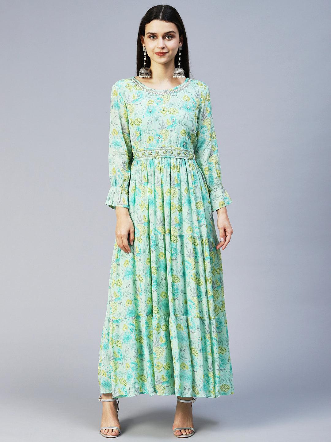 Floral Printed & Hand Embroidered Tiered Flared Maxi Dress - Mint Green - Indiakreations