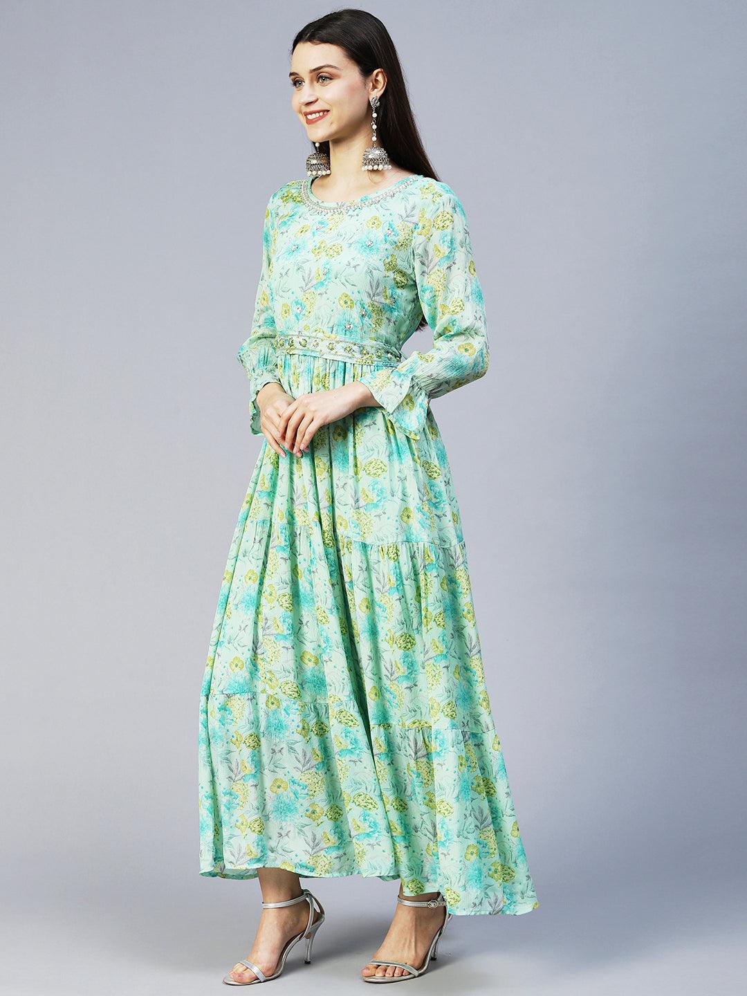 Floral Printed & Hand Embroidered Tiered Flared Maxi Dress - Mint Green - Indiakreations