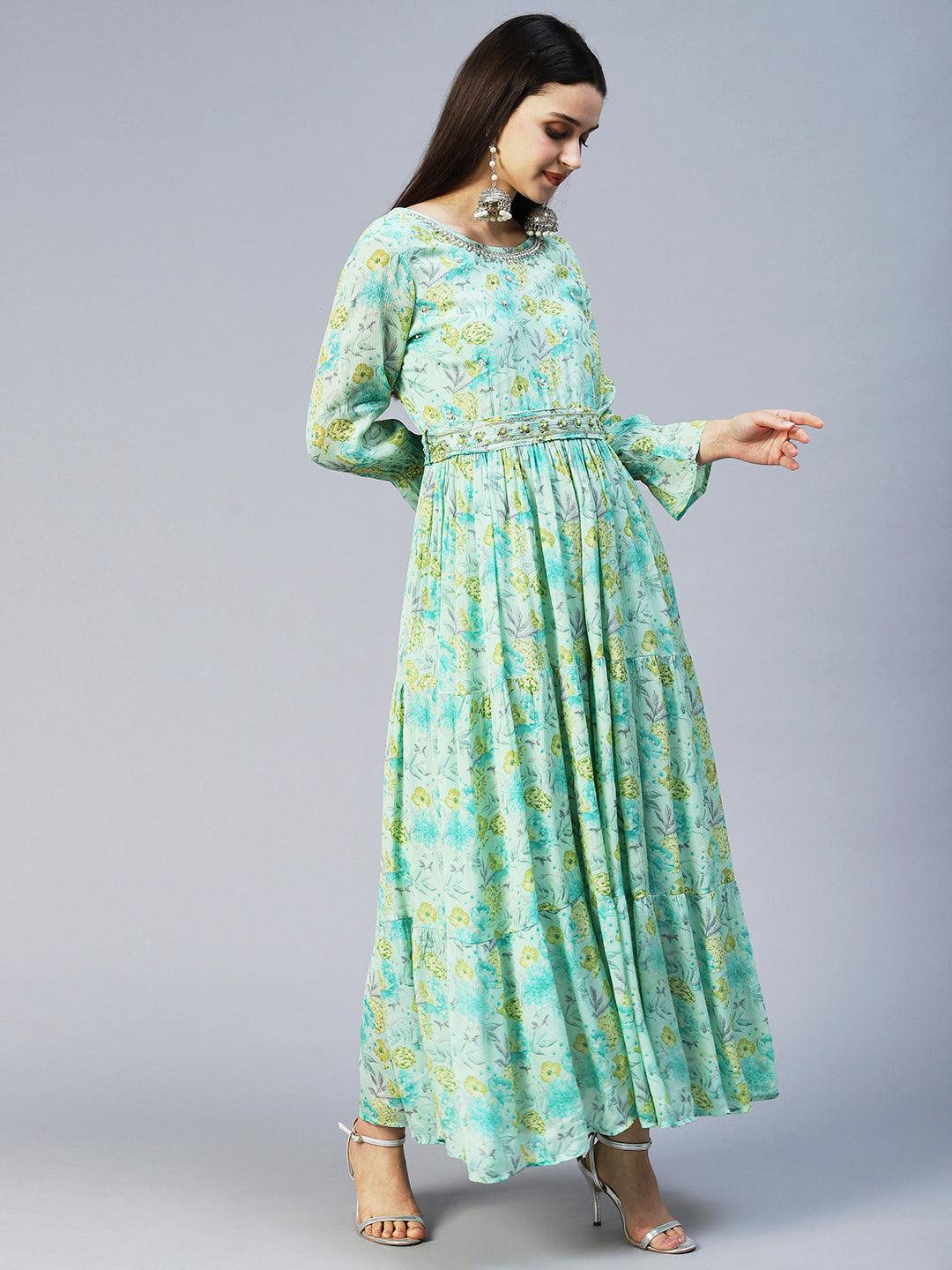 Floral Printed & Hand Embroidered Tiered Flared Maxi Dress - Mint Green - Indiakreations