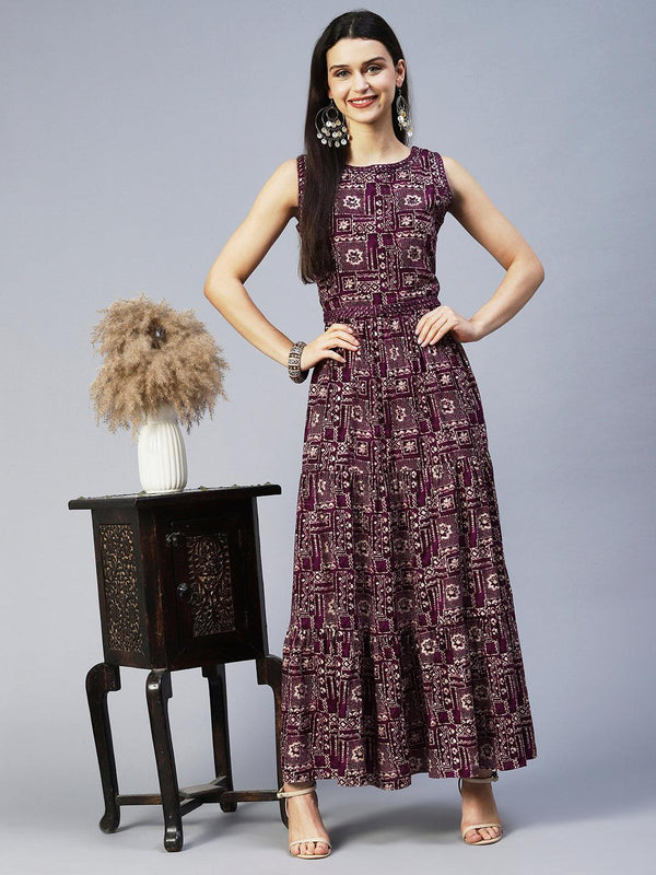 Ethnic Printed & Embroidered Tiered Flared Maxi Dress - Wine - Indiakreations