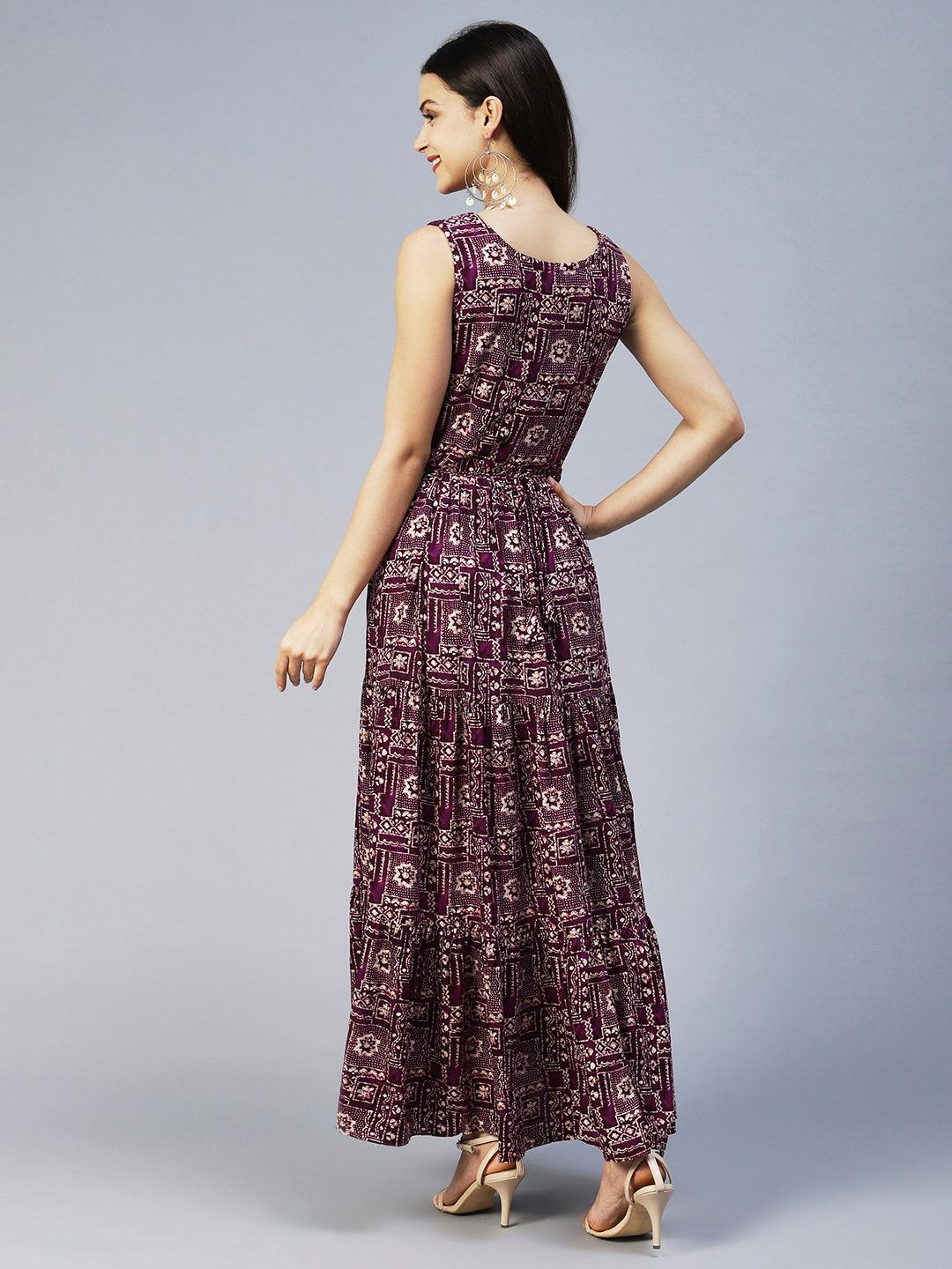 Ethnic Printed & Embroidered Tiered Flared Maxi Dress - Wine - Indiakreations