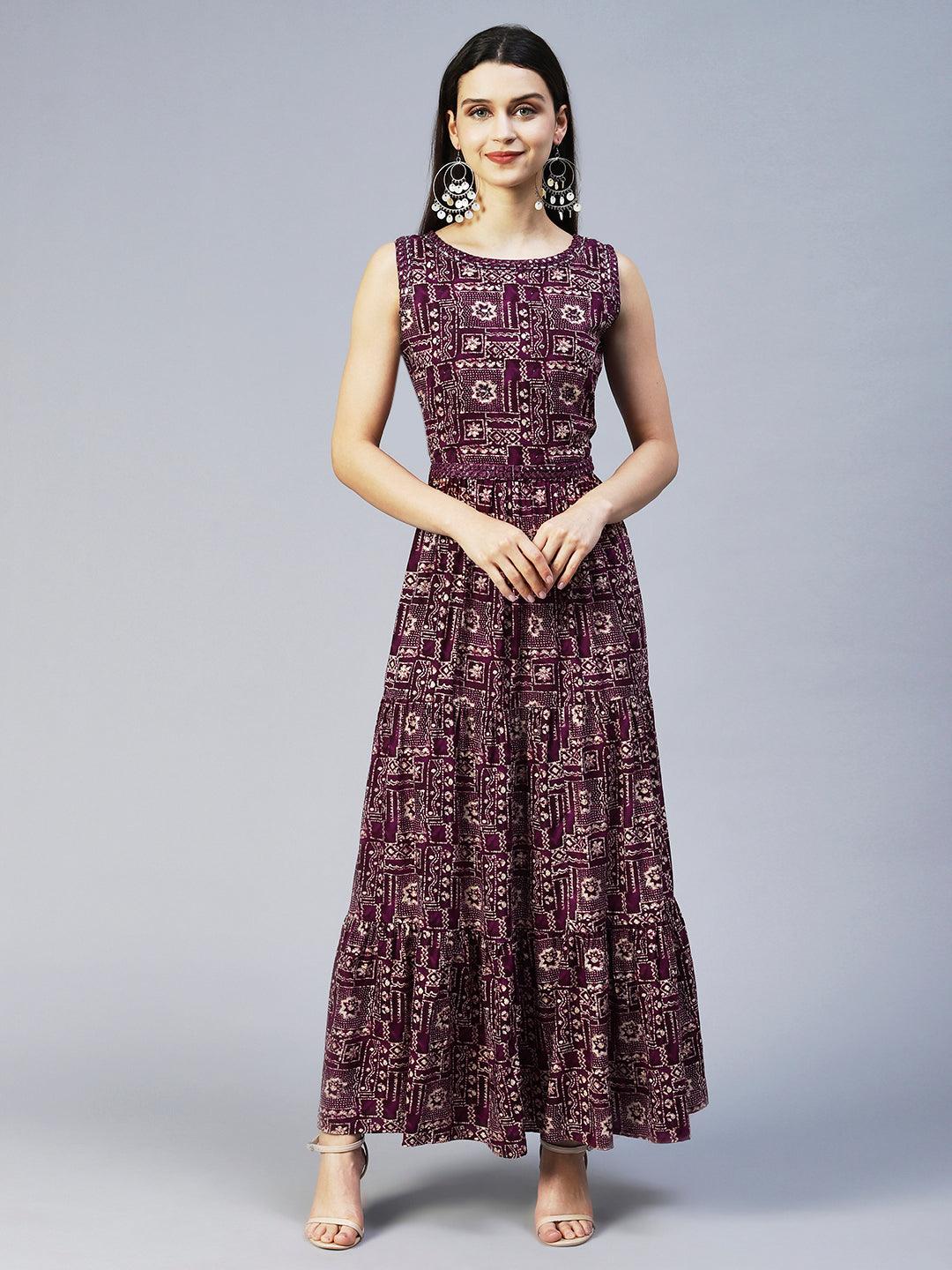 Ethnic Printed & Embroidered Tiered Flared Maxi Dress - Wine - Indiakreations