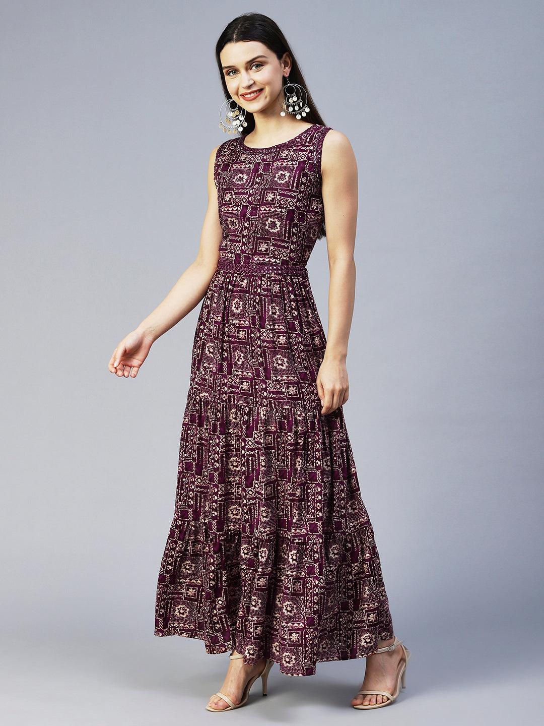 Ethnic Printed & Embroidered Tiered Flared Maxi Dress - Wine - Indiakreations