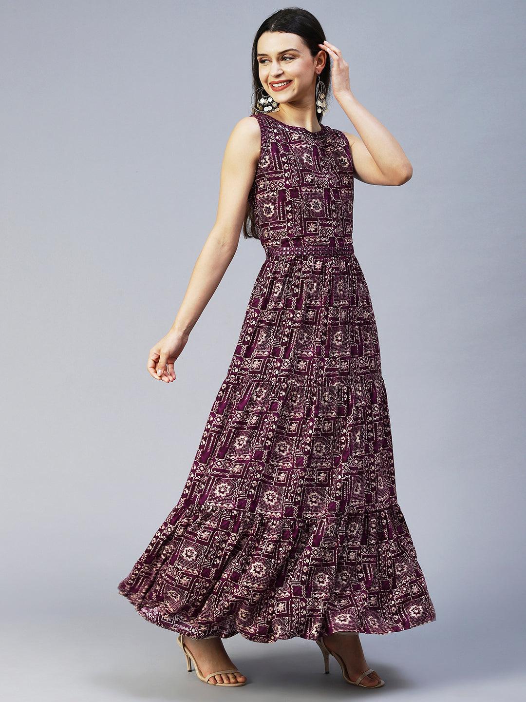 Ethnic Printed & Embroidered Tiered Flared Maxi Dress - Wine - Indiakreations