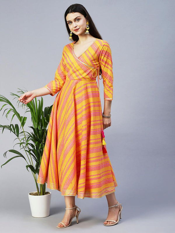 Lehriya Printed Angarakha Style Dress - Mustard - Indiakreations